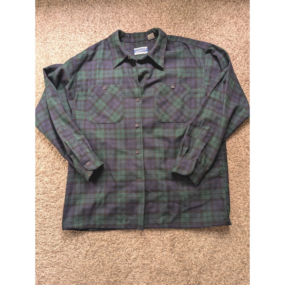 Pendleton Wool Shirt Mens L Green Navy Black Watch Plaid Vintage Knockabout